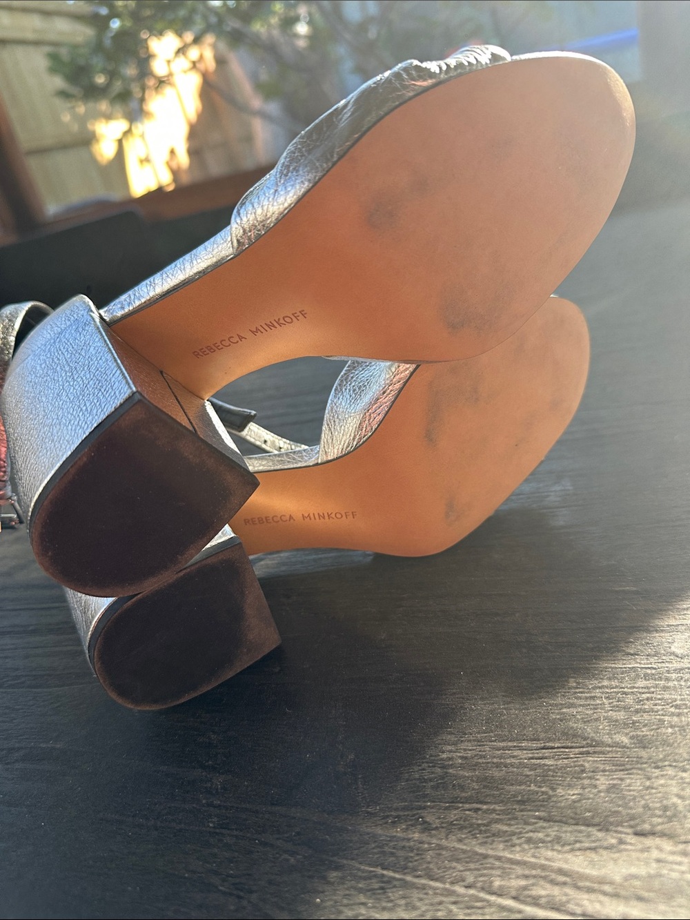 Rebecca Minkoff Silver Metallic Leather Knotted Block Heel Sandals 7.5 - Picture 7 of 8